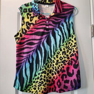 Women's vibrant multicolor sleeveless golf shirt size Large.  ITEM 1124252GS